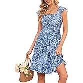 Naggoo Womens Summer Sundresses Sleeveless Square Neck Dress Ruffled Floral Smocked Dress A-line Boho Beach Dresses