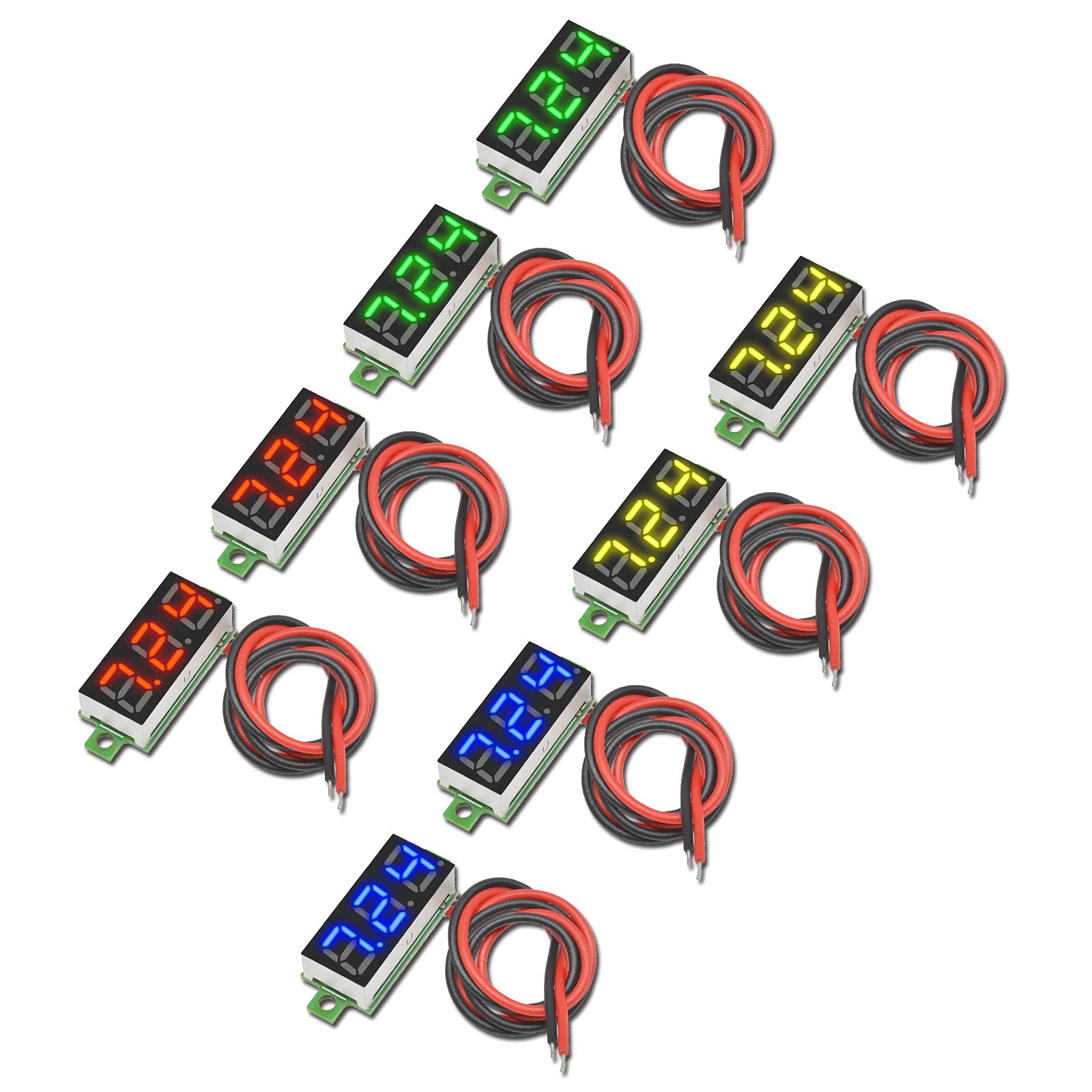 Photo 1 of *ONLY 3* Diymore 8pcs DC Voltage Display Mini Digital Voltmeter - 0.28" 2 Wire DC 2.5V-30V Blue/Yellow/Red/Green LED Voltage Readout Tester