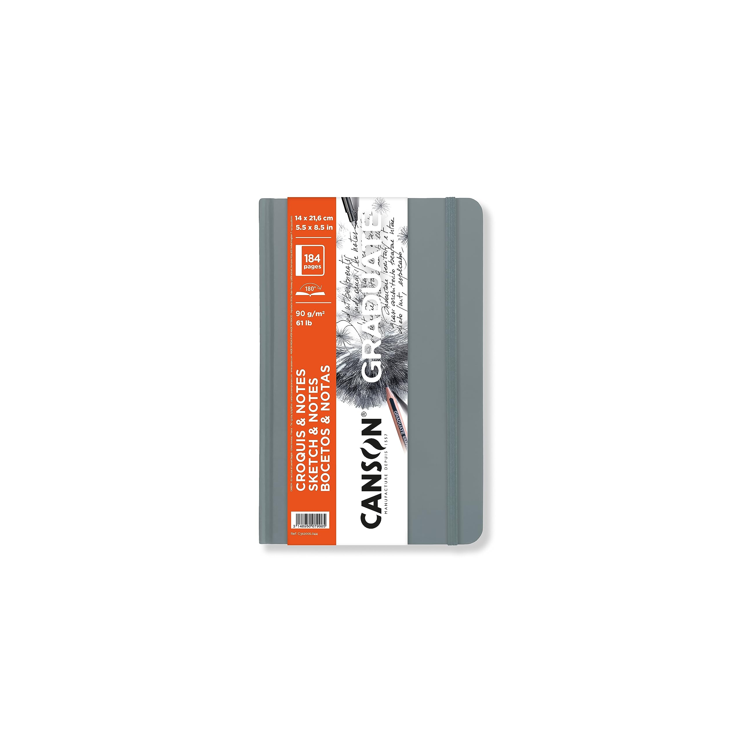 CANSON Graduate Hardbound Sketch & Notes Book, 90gsm 14 x 21.6cm, Smooth Paper, 92 Ivory Sheets, Light Grey Cover, for Artist Students