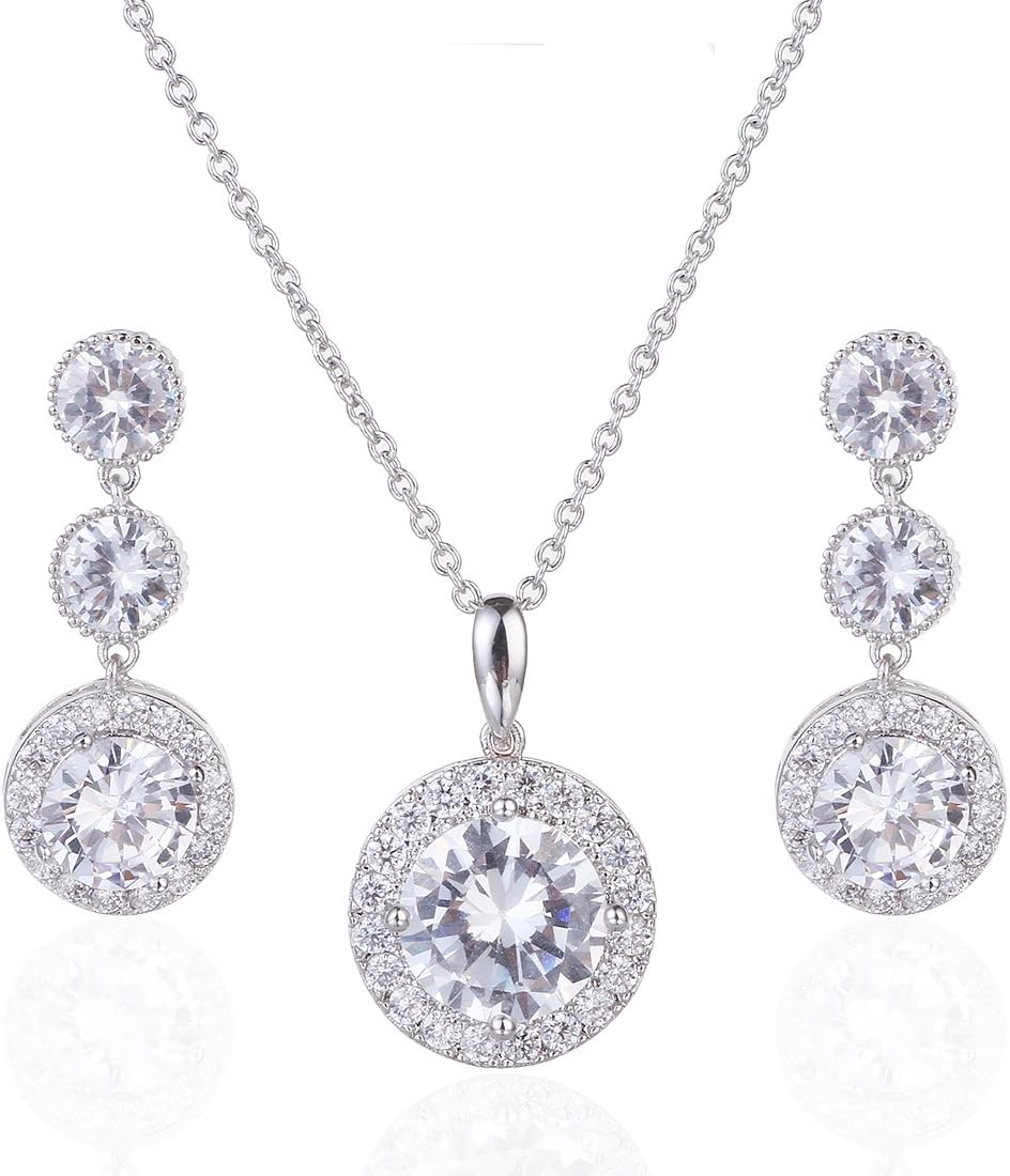 Wordless LoveGorgeous Round Halo CZ Wedding Jewelry Sets For Brides Earrings and Necklace