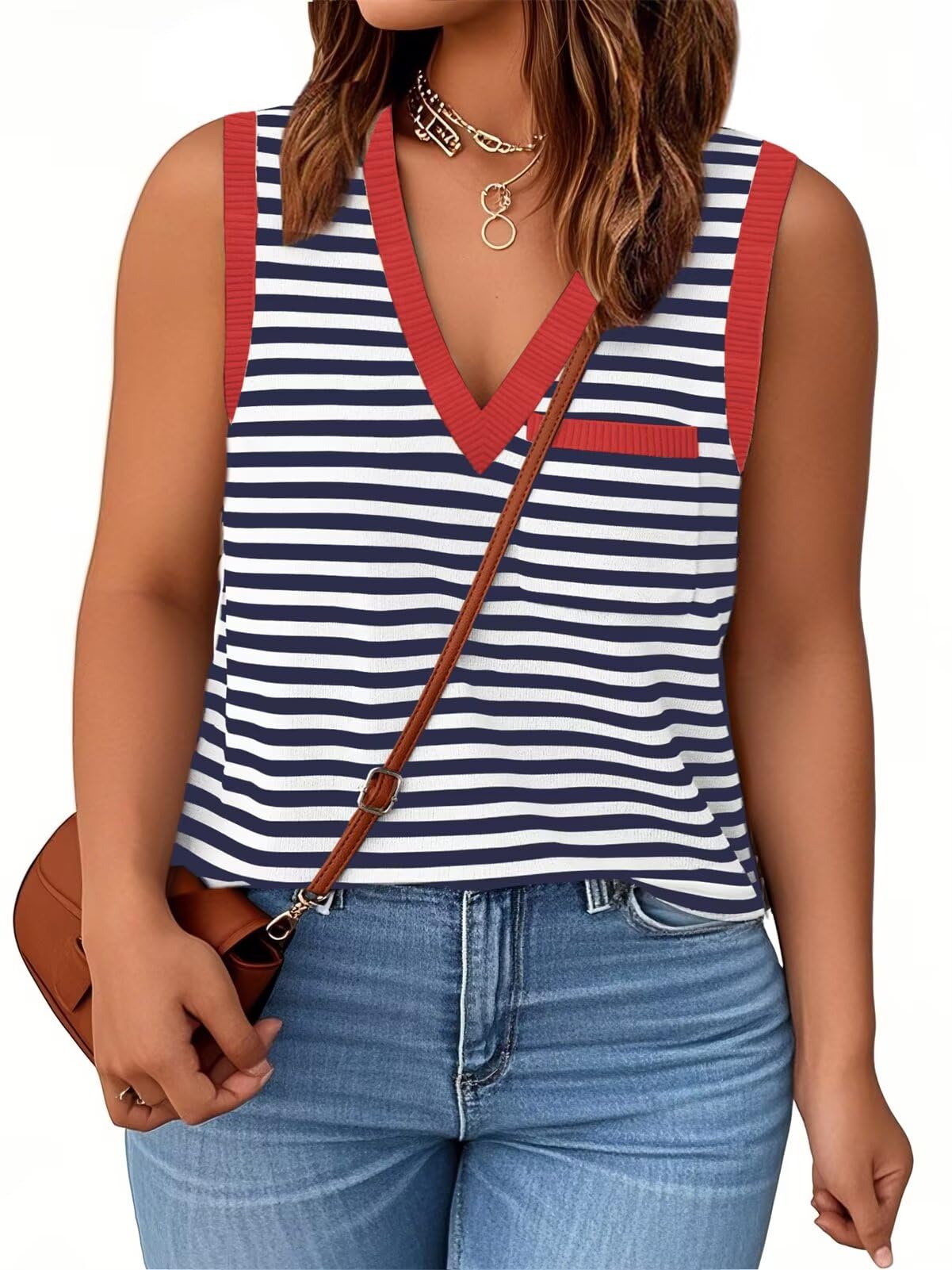 Photo 1 of DOLNINE Plus Size Sleeveless Tops for Women 2025 Summer Sleeveless V Neck T Shirts Dressy Casual Business Outfit Clothes Red Navy 3XL