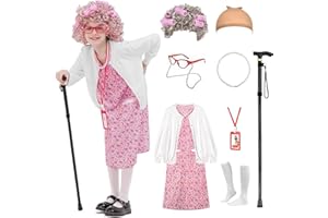 Aimeiar Kids 100 Days of School Costume for Girls, Old Lady Costume wig cardigan sweater and Granny Grandma Set for Child