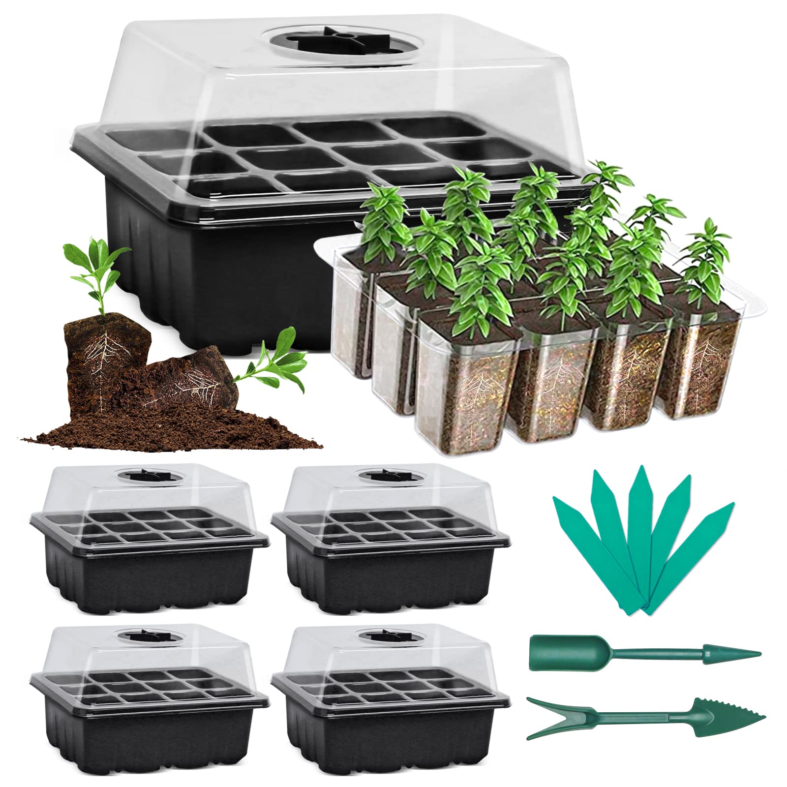 SHEEFLY 5 Set Seed Trays Seedling Starter Tray 60 Cells Humidity Adjustable Plant Starting Kit with Dome and Base Greenhouse Grow Trays Mini Propagator for Garden Seeds Growing with hand Tools Labels