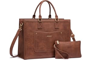 LOVEVOOK Laptop Tote Bag for Women, 15.6 Inch Work Bags, PU Vintage Leather Tote Bag, Waterproof Computer Bags with Clutch Purse, Large Capacity Messenger Bag for Teacher College Business Office
