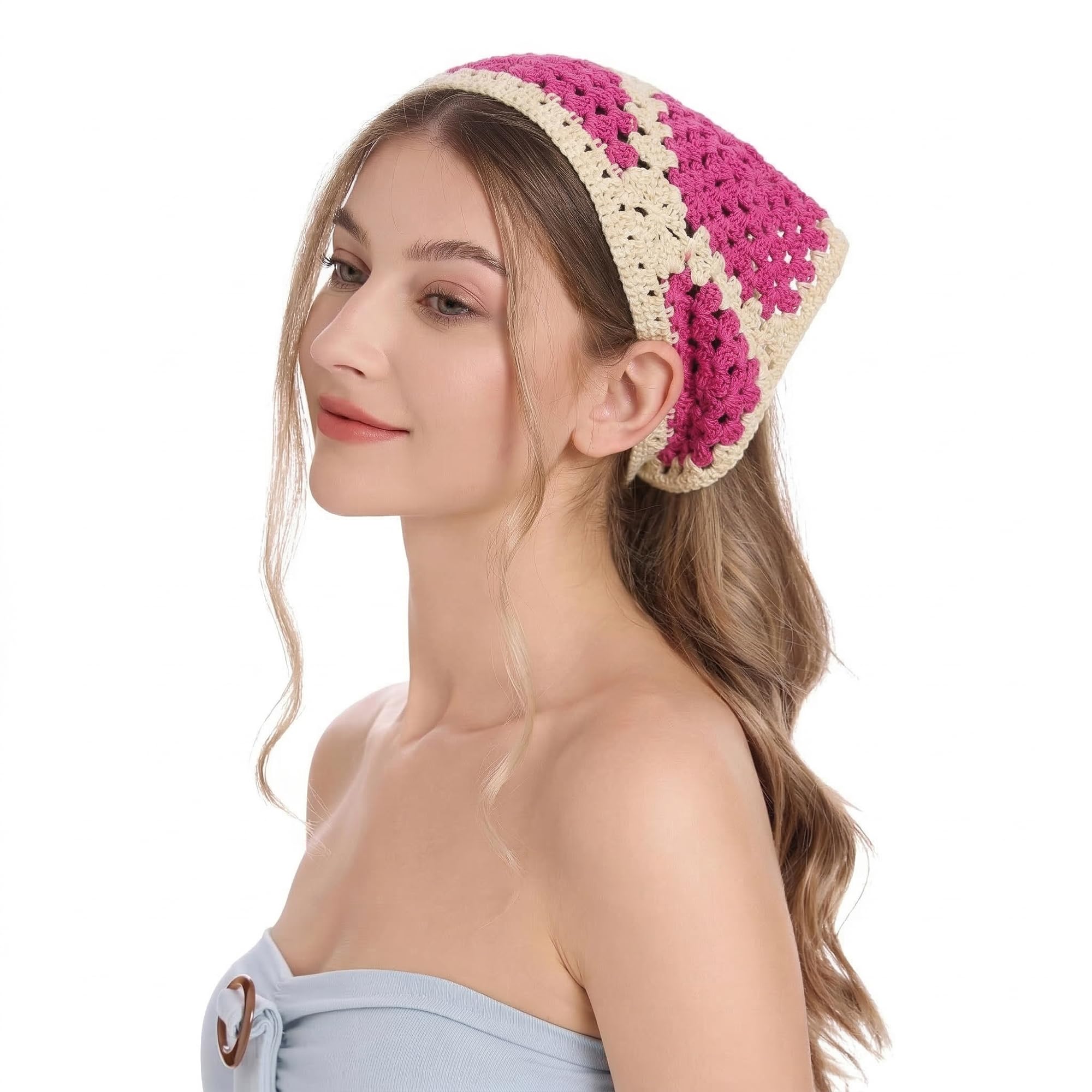 ZLYC Women Cotton Triangle Headband Crochet Hair Bandanas Handmade Kint Turban(Hot Pink)