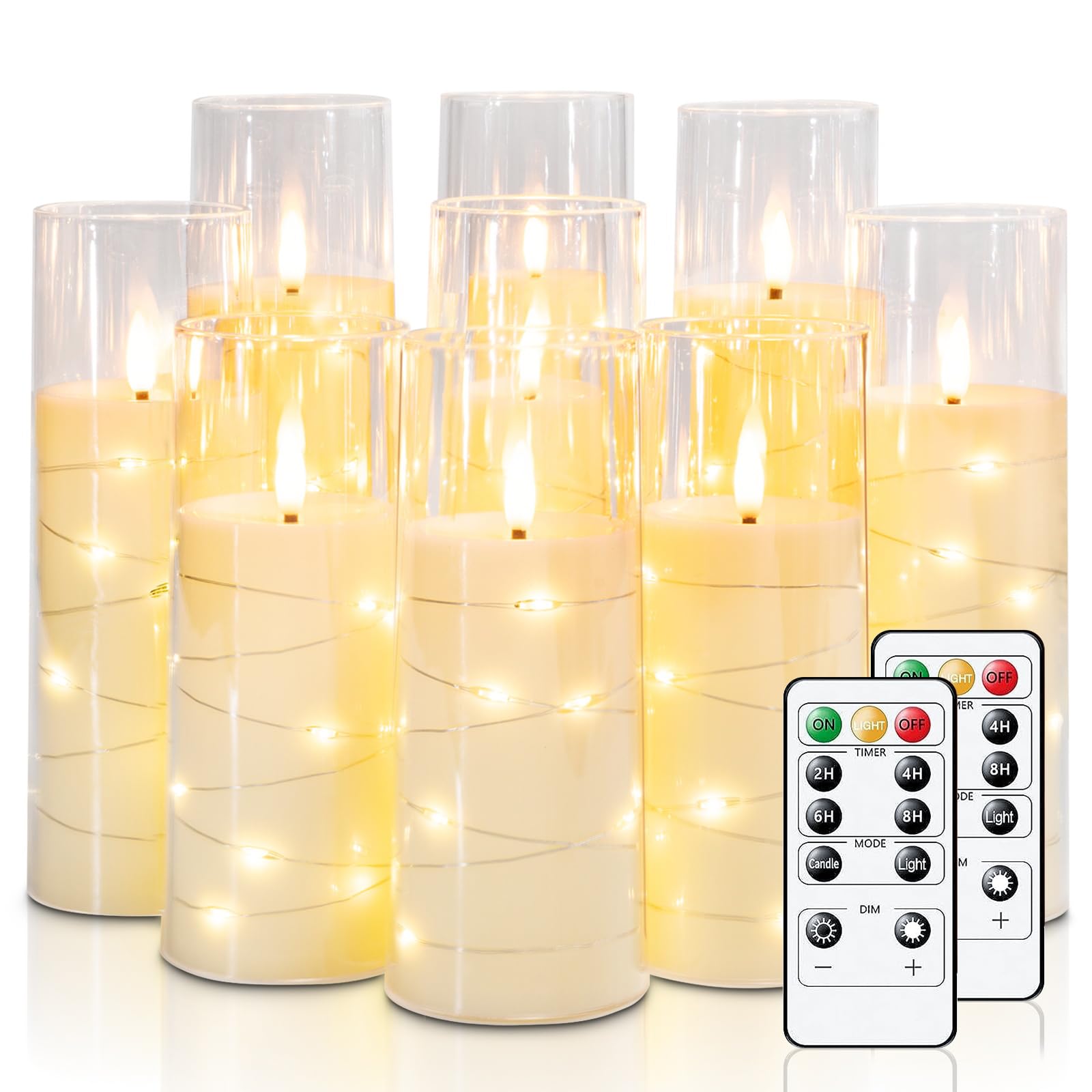 Photo 1 of Raycare Flameless Candle with Remote Timer – 9 Flickering Acrylic Battery Operated LED Pillar Candles with Embedded Star String for Halloween, Home Decor, and as a Gift (Ivory)