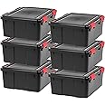 IRIS USA WeatherPro 31 Qt Storage Bins with Lids, 6 Pack, BPA-Free Plastic Gasket Box with Tight Latch and Seal, Stackable Nestable Tote Tub - Black/Red