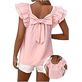 BEAUDRM Women's Bow Back Blouse Square Neck Blouse Top Ruffle Cap Sleeve Shirt