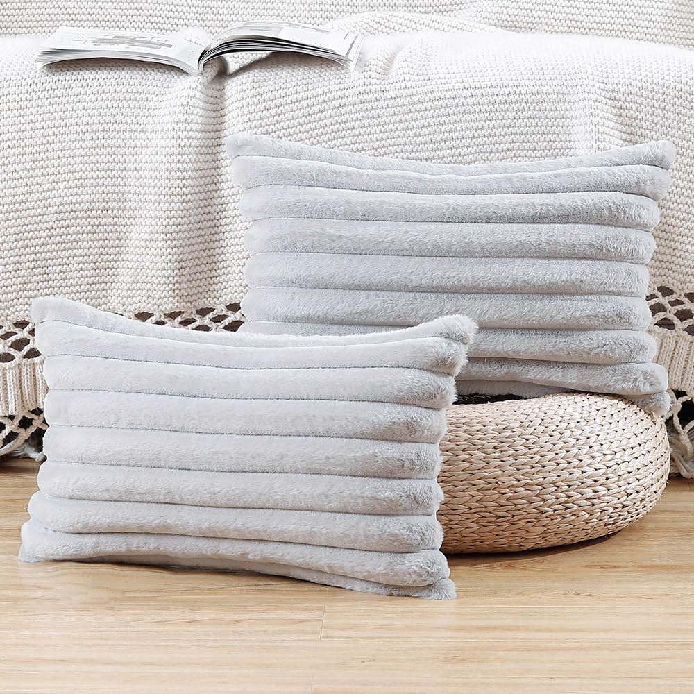 Madizz Set of 2 Faux Fur Decorative Cushion Covers 12x20 inch, 30x50 cm, Light Grey Soft Couch Throw Pillows for Bed Modern Pillowcases for Sofa Livingroom Home Decor — image 1