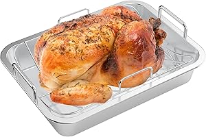 onlyfire Roasting Pan with U-Rack - Stainless Steel Barbecue Bakeware Roaster, 16 Inch Rectangular Turkey Roaster Lasagna Pan