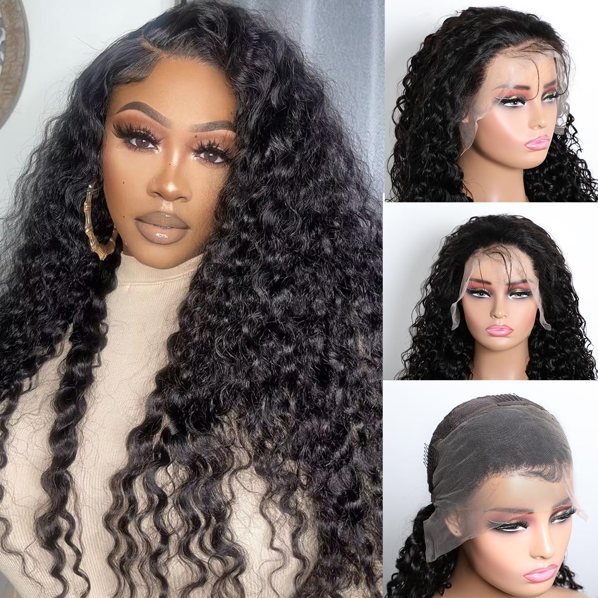 VIPbeauty 13x4 Full Frontal Water Wave Lace Front Wigs Human Hair 180% Density Deep Wave Lace Front Wigs Human Hair Pre Plucked 14A Brazilian Virgin Bleaching Knot Curly Wigs for Women 28 Inch