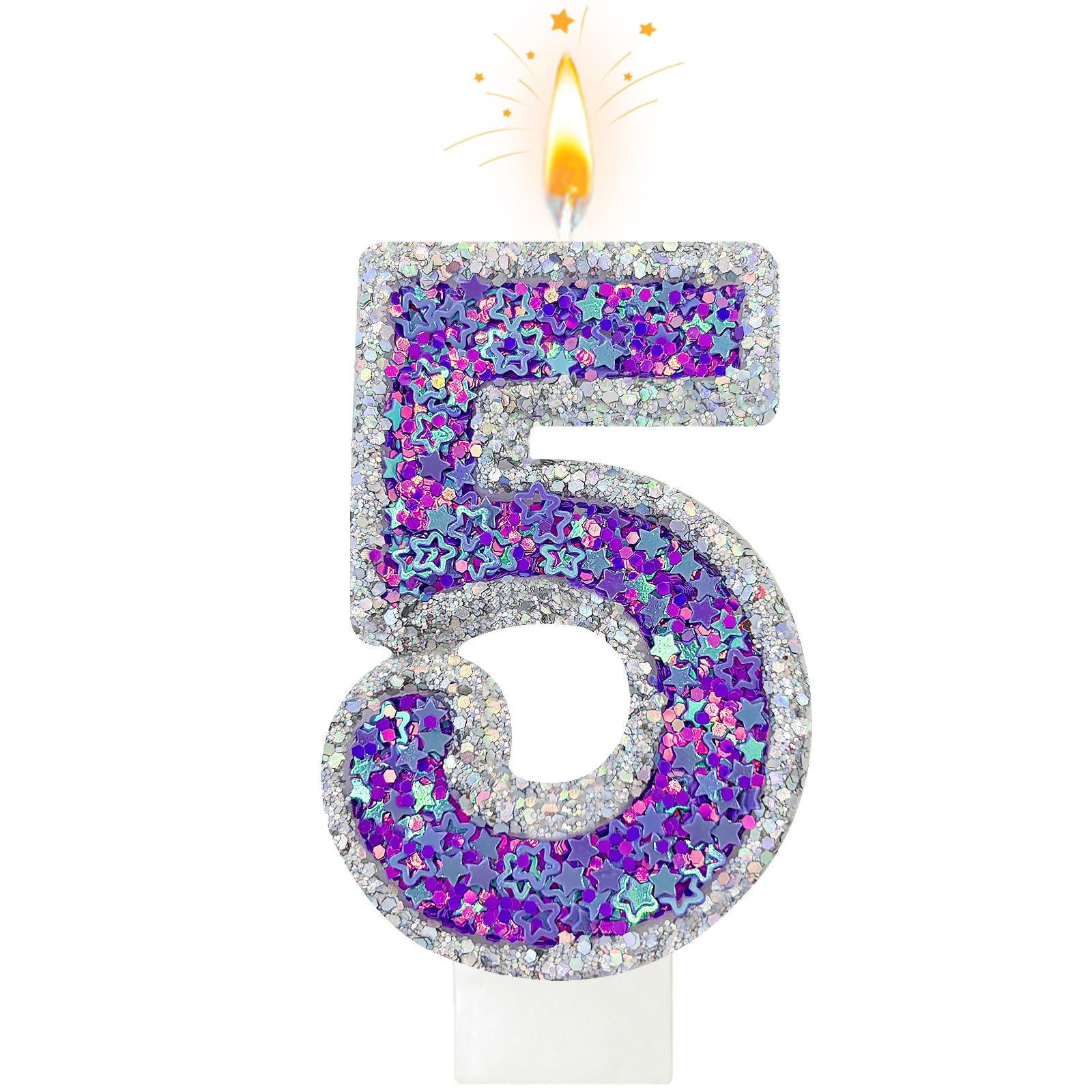 Lurevian K-pop Number 5 Birthday Candle, Star Glitter Filled Number Candle, Purple Silver Fantasy Cake Topper for Birthday Party Decoration