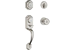 Kwikset Montara Front Door Lock Handle and Deadbolt Set, Entry Handleset Exterior with Interior Door Knob, Satin Nickel, Pick Resistant SmartKey Rekey Deadbolt Security