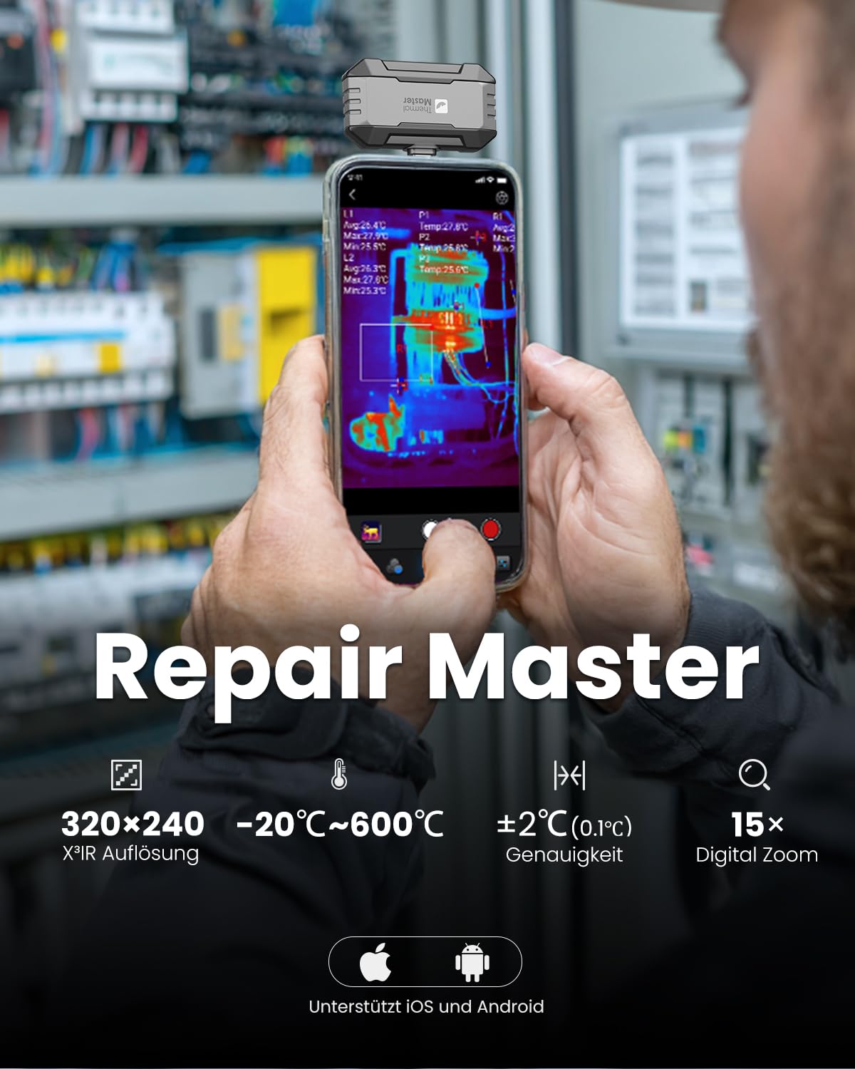 Thermal Master P1 Wärmebildkamera für iPhone 15/16 und Android Infrarotkamera mit Super IR Auflösung 320x240, Wärmebildkameras ±2℃ Genauigkeit Haus-Inspektion 15x Zoom, Grau 2