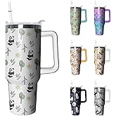 40oz Panda Stainless Steel Tumbler with Handle and Straw, Insulated Cup Travel Coffee Mug Water Bottle with Lid and Straw, Animal Lovers Women Gifts