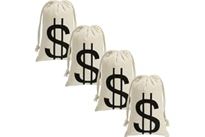 APIPI 4Pcs 6.3 x 9 Inches Canvas Money Bags - Halloween Prop Money Bag with Dollar Sign, Money Sacks for Bank Robber Costume Pirate Cosplay Theme Party