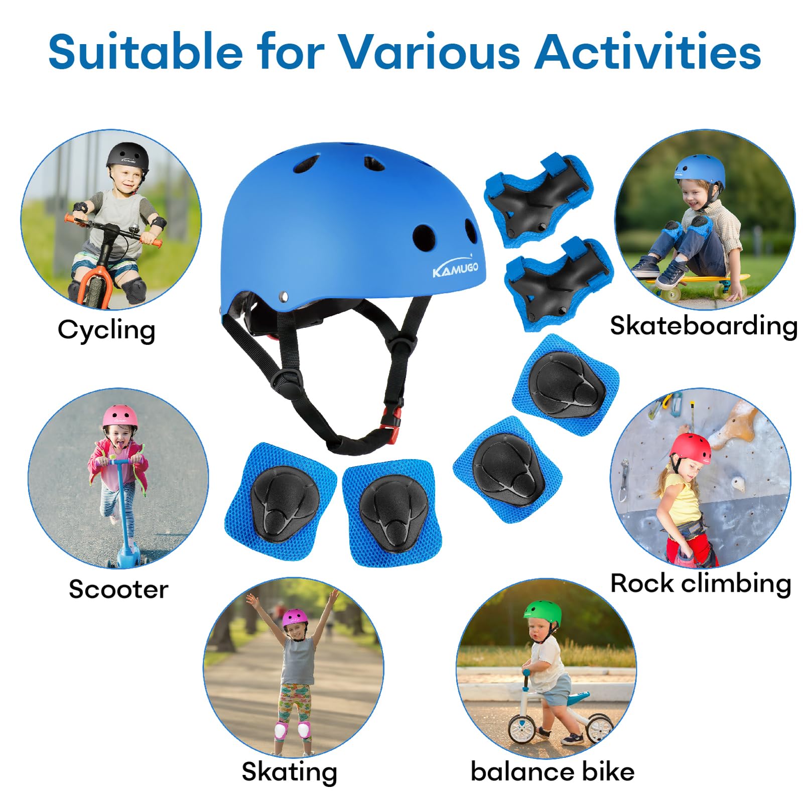 KAMUGO Kinderfahrradhelm, Helm für Kinder von 2 bis 8 Jahren, mit Sportschutzausrüstung, Kniepolstern, Ellenbogenpolstern und Handgelenkpolstern für Roller, Radfahren, Scooter(Blau) 6