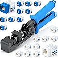 Everest easyJACK - 90° Angled Speed Termination Keystone Tool Set - with 20-Pack of RJ45 Slim Profile Cat6A Keystone Jacks (10 Blue & 10 White) - Time Saver Network Cat6 Punchdown Tool