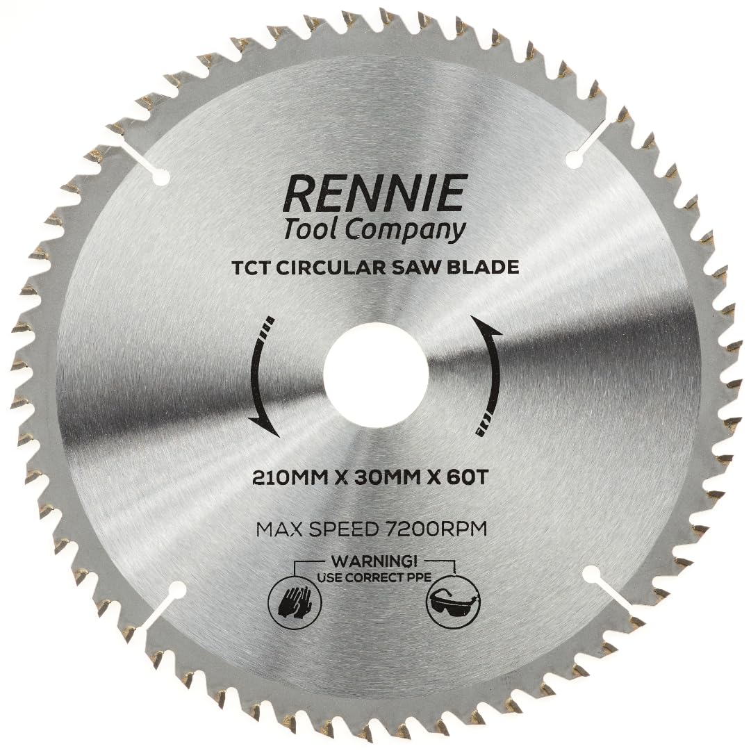 Rennie Tools - 210mm x 30mm x 60T TCT Circular Wood Saw Blade Includes 25mm 20mm & 16mm Bore Reduction Rings. Compatible with Festool Bosch Makita Dewalt Circular Saw Etc, Fits 216mm circular saws.