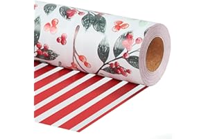 LaRibbons Reversible Christmas Wrapping Paper Roll, Vintage Red Berries & Red Stripe Gift Wrap for Christmas, Season Party, Xmas, 17 Inch x 33 Feet