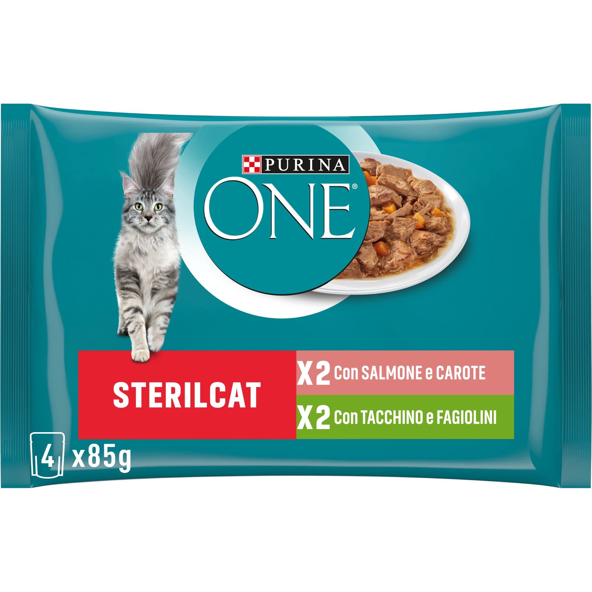 Purina One filettini in Salsa For The Cat Sterilized, with Salmon and Carrots, with Turkey and Bean, 4 X 85 G – Pack of 12