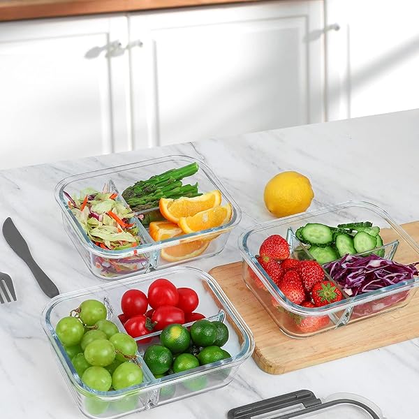 M MCIRCO [5-PACK, 36 OZ] GLASS MEAL PREP CONTAINERS 3 COMPARTMENT WITH LIDS, GLASS LUNCH CONTAINERS,FOOD PREP LUNCH BOX,BENTO BOX,MICROWAVE, OVEN, FREEZER, DISHWASHER (4.5 CUPS)