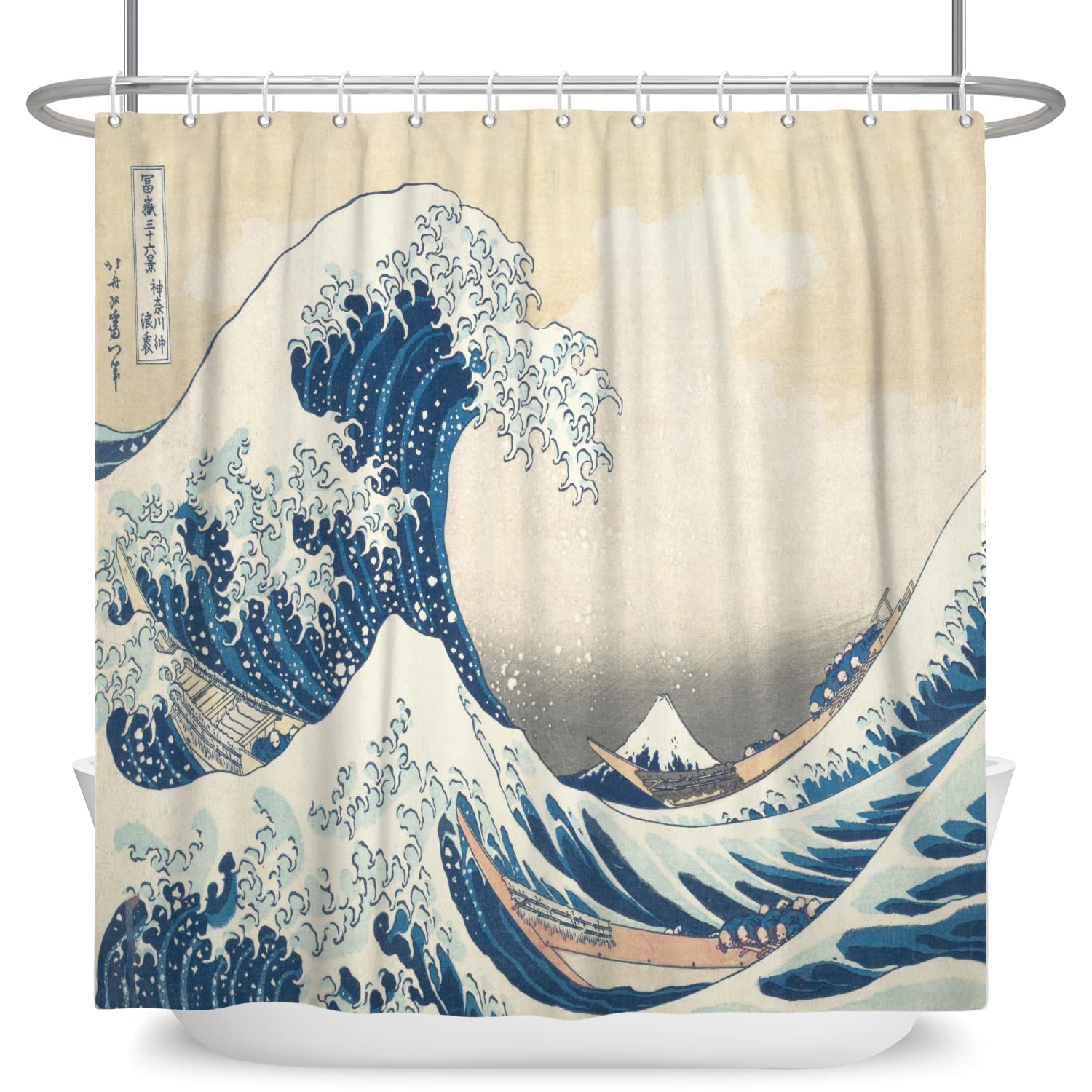 SDOTPMT 72x96inch Japanese Ocean Waves Shower Curtain Abstract Sea Wave Wooden Boat Bath Curtain Ukiyo-e Theme Fuji Mountain Bathtub Curtain for Bathroom Decor Fabric Polyester with Hooks