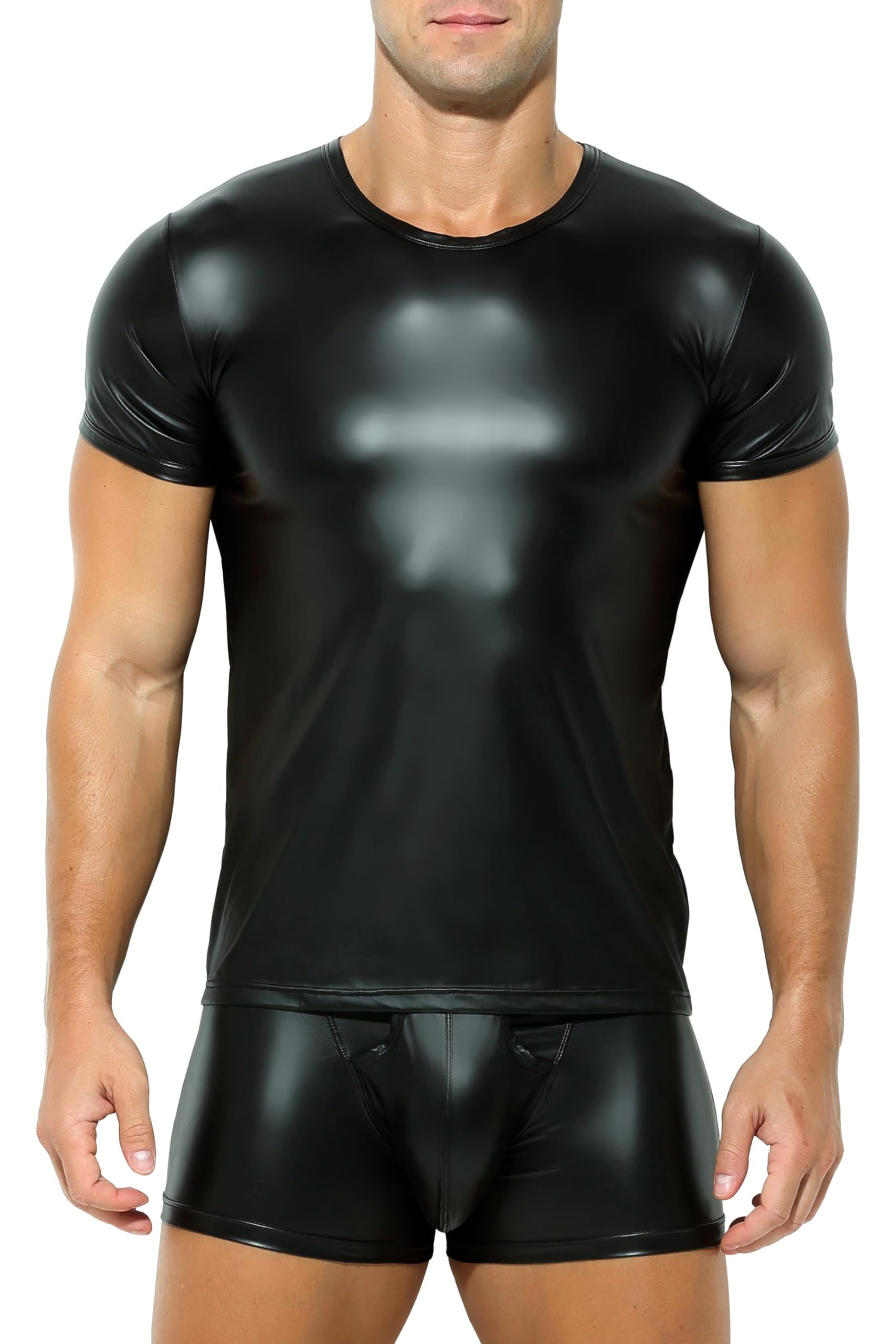 Leather Look Faux Patent Leather Shirt Men's Top 1/2 Sleeve T-Shirt Vinyl NP New - Black - X-Large