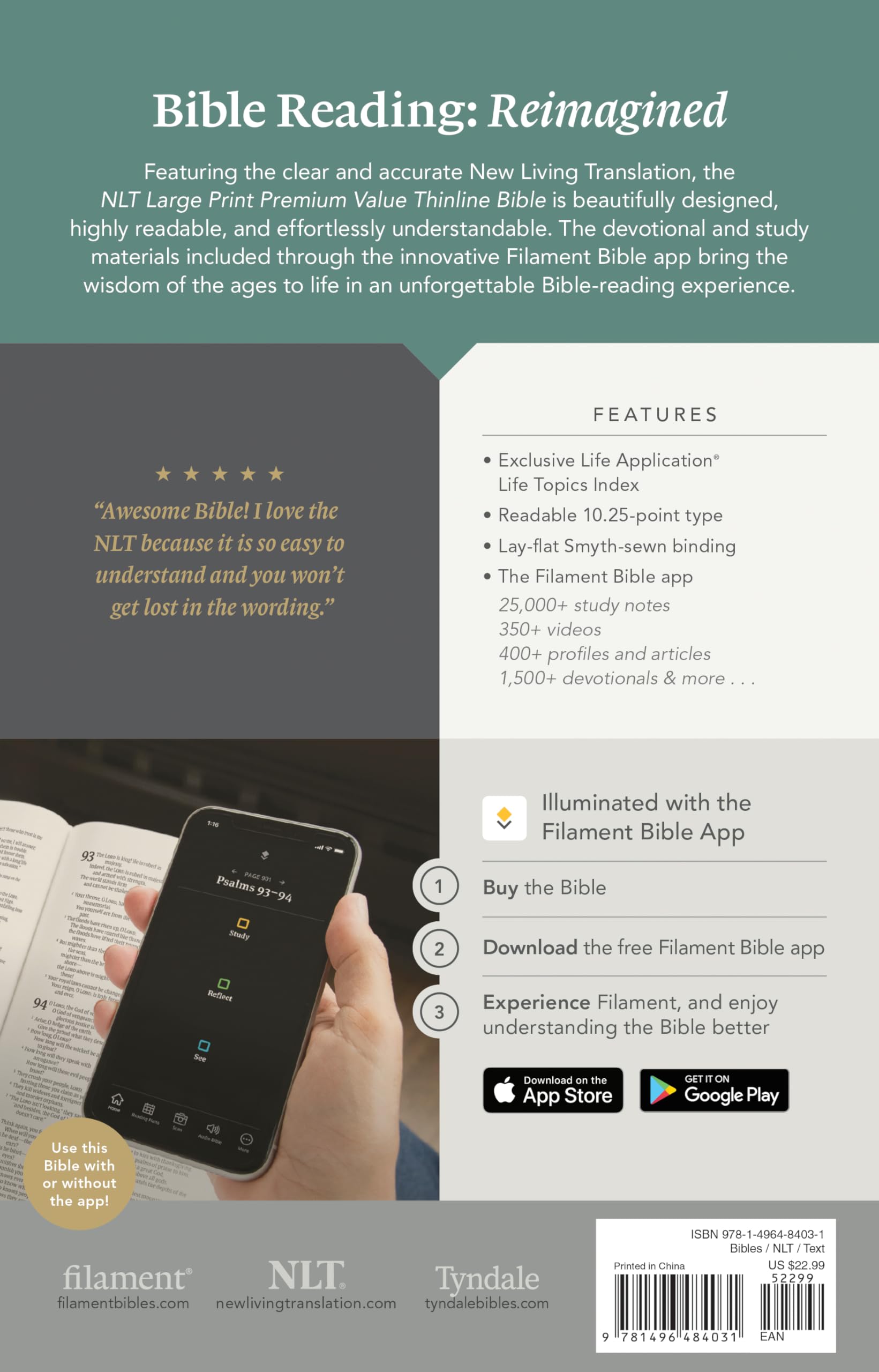 NLT Large Print Premium Value Thinline Bible, Filament Enabled (LeatherLike, Black Cross) NLT Large Print Premium Value Thinline Bible, Filament Enabled (LeatherLike, Black Cross) Imitation Leather