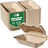 Turbo Bee 75 Pack Natural Compostable Take Out Containers, 9x6 Disposable Clamshell Food Containers with Lids, To Go Boxes for Food Truck, BBQ, Meal Prep &amp; Catering