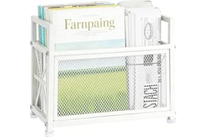 WeGXY Magazine Rack Floor Stand, Metal Magazine Holder Floor, White Mesh Magazine File Holder Storage Basket Shelf Box Bin Fo