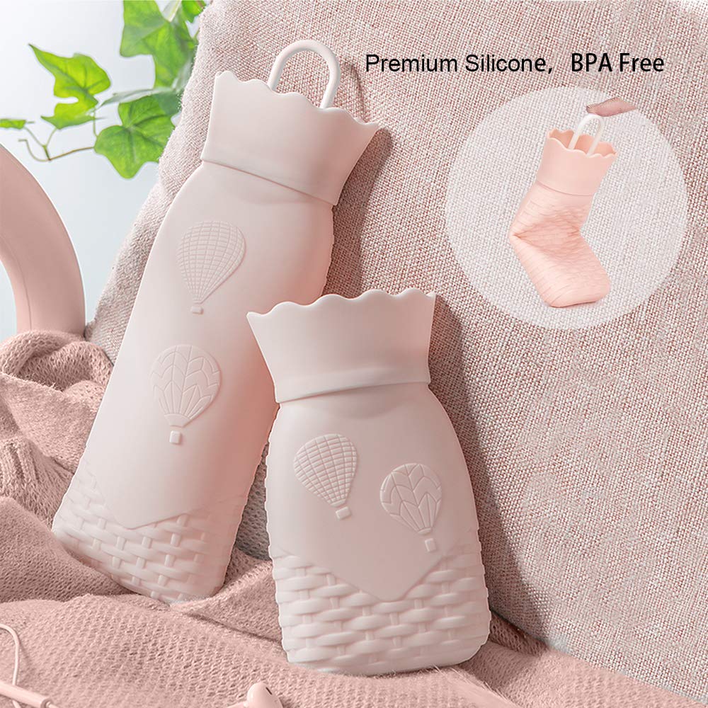Silicone Hot Water Bottle with Removable Soft Knitted Cover Silicone BPA Free Hot Water Bag Hot Cold Therapy for Birthday, Christmas, Valentine\'s Day, Gift Exchange Party (Pink)