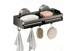 Double Bar Soap Holder with Hooks Self-Draining Soap Dish No-Drill Suction Cup Mount for Bathroom & Kitchen, Stops Soap Soggi