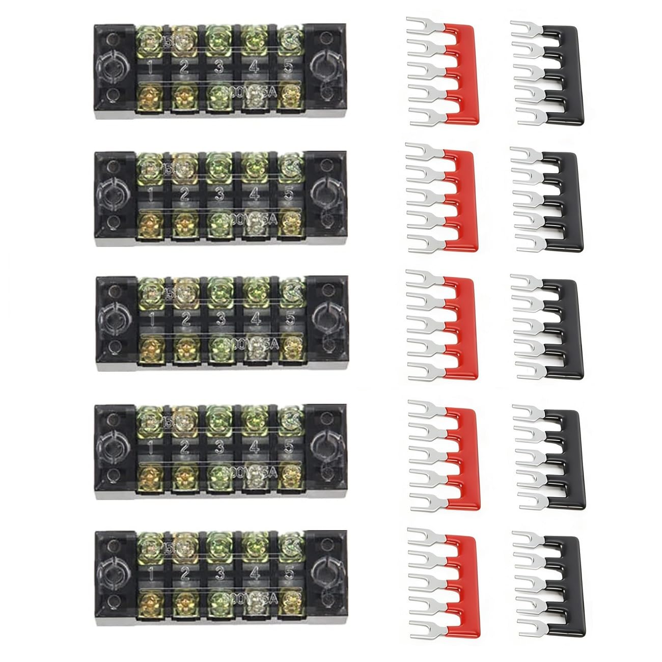 Yisanba 15pcs Dual Row 5-Position Screw Terminal Block 600V 15A - Pre-Insulated Barrier Strip Set with Clear Cover, Includes Red & Black Fork Terminals for Electrical DIY