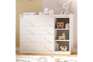 NEBZHASK 47.2" White Nursery Dresser with 5 Drawers and 3 Open Shelves Changing Table Dresser with Changing Table Top Diaper Changing Station with Storage for Nursery Children's Room