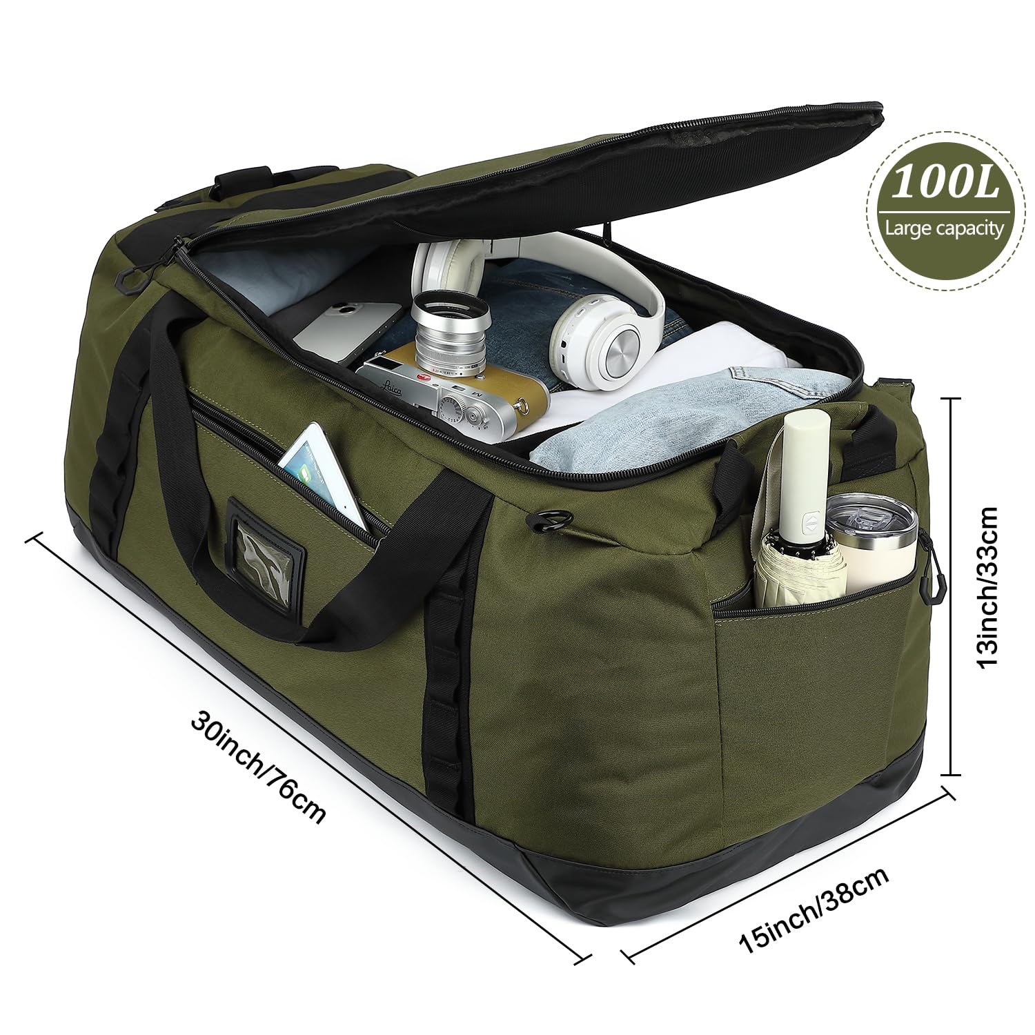 TUGUAN Reisetasche Groß XL Weekender Reise-Rucksack für Herren Damen Wasserdicht Extra großes Gepäck Handgepäck Tasche für Urlaub Camping Sport Duffel Bag 100 Liter, Grün 7