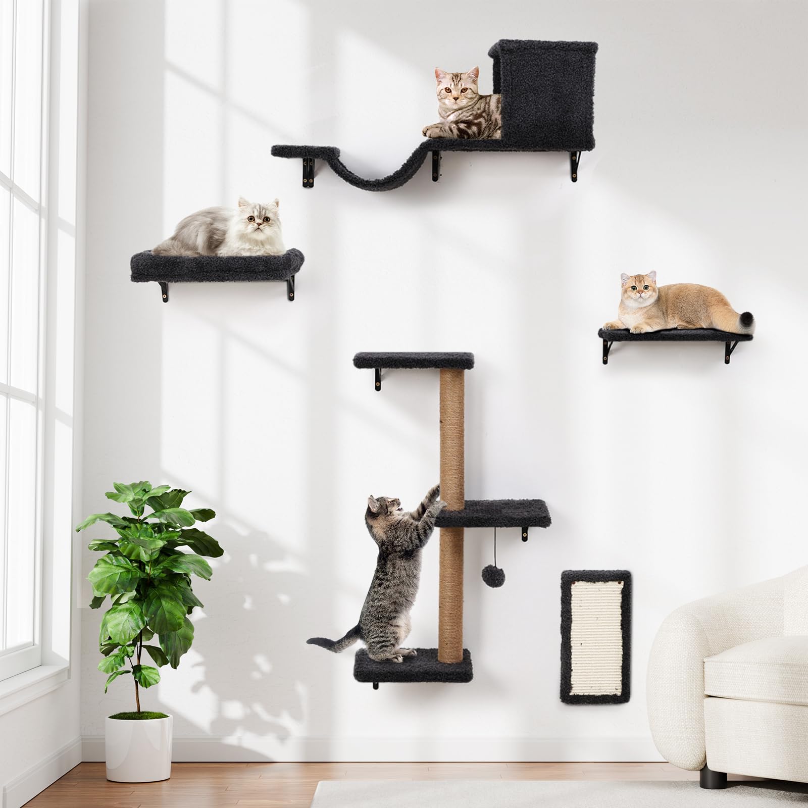 Photo 1 of 5-in-1 Cat Wall Shelves, Multi-Level Cat Climbing Furniture, Perch & Lounge for Indoor Cats, Space-Saving Wall Mounted Cat Shelves for Play & Rest (Natural Wood) - Gray