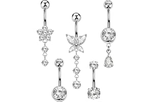 MS CUTE 5PCS Belly Button Rings for Women 14G Dangle Navel Piercing Jewelry Set Surgical Stainless Steel Body Jewelry with CZ Butterfly Flower Teardrop Barbell for Beach Festival Daily