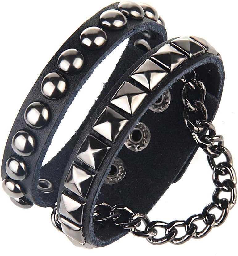 Bystar Men Women Alloy Bracelet 4 Color Retro Punk Rock Style Multi Circle Rivet Heart Chain Genuine Leather Creative Wrap
