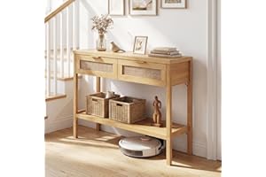 Giantex 40" Rattan Console Table with Storage, Narrow Entryway Table with 2 Drawers & Shelf, 2 Anti-Tipping Kits, Boho Behind