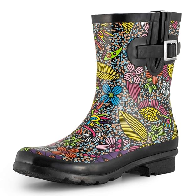 SheSole Damen Kurz Gummistiefel Regenstiefel Stiefel Boots Blumen