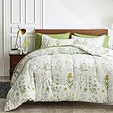 Joyreap 7 Piece Botanical Bed in a Bag Queen, Green Leaves Yellow Flower on Green Tint, Smooth Soft Microfiber Comforter Sheet Set for All Season