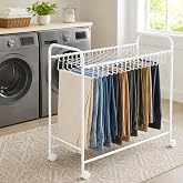 Japard Pants Organizer Rack Trolley with 24 Double Hangers Rolling Trouser Metal Rack, Space Saving Closet - 48 Storage Pants Jeans Scarf Skirt White