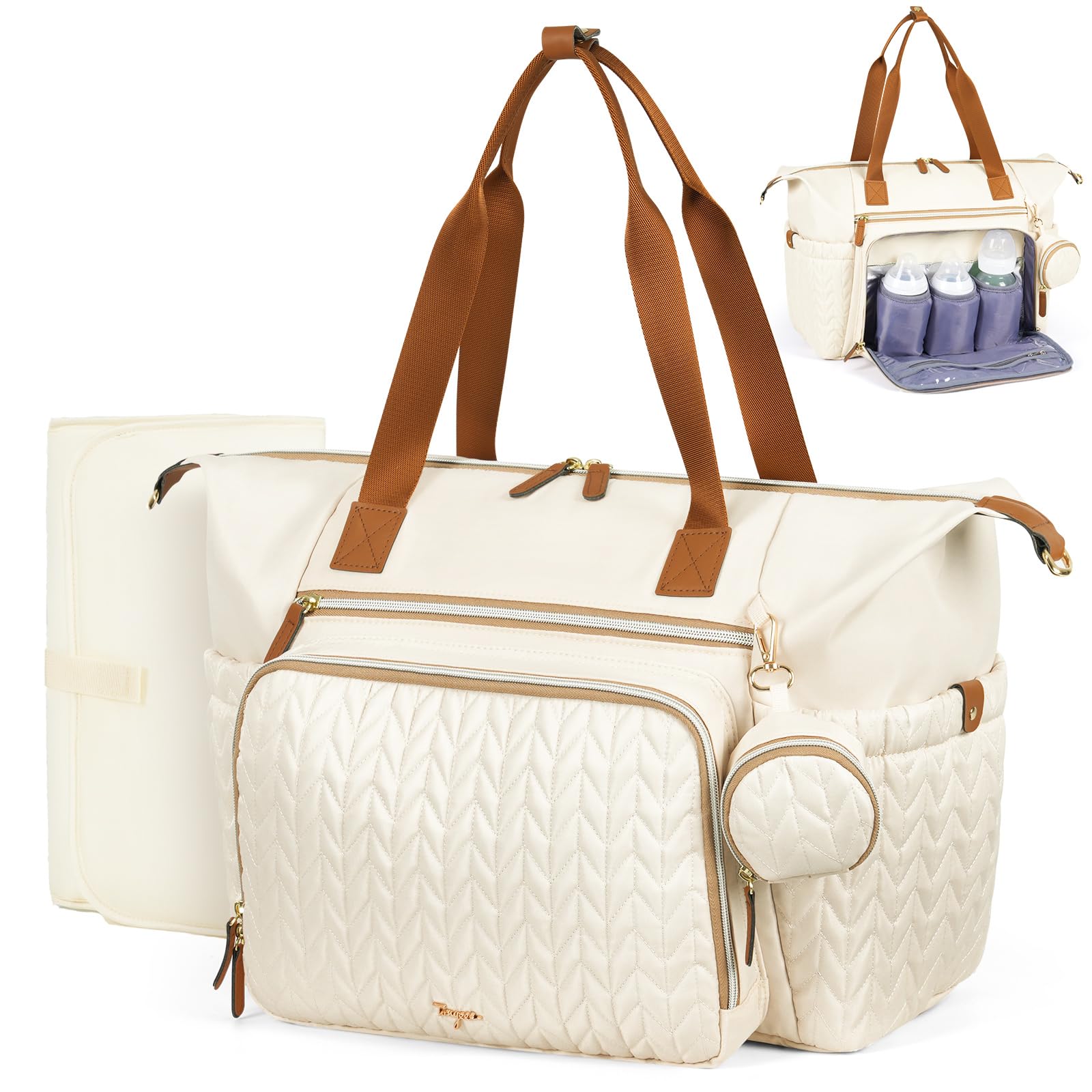 Photo 1 of Tonyeee Diaper Bag Tote, Large Baby Diaper Bags Waterproof, Hospital Bag for Labor Delivery with Pacifier Case, Changing Pad, Shoulder Strap, Beige