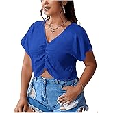 MakeMeChic Women's Plus Size Ruched Front Short Sleeve Shirts Casual V Neck Crop Top Blouse