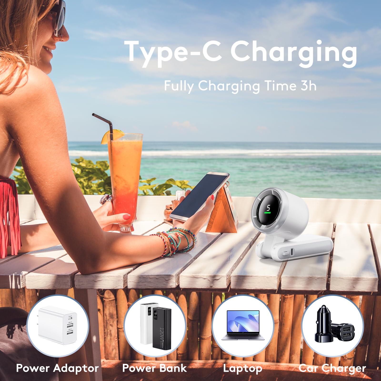 Portable Handheld Mini Fan, Foldable Powerful Winds Turbo Fan, 10000mAh Battery & 50000RPM Speed, USB Rechargeable Personal Fans with 5 Speed, Digital Display For Women Men Travel Camping Outdoor