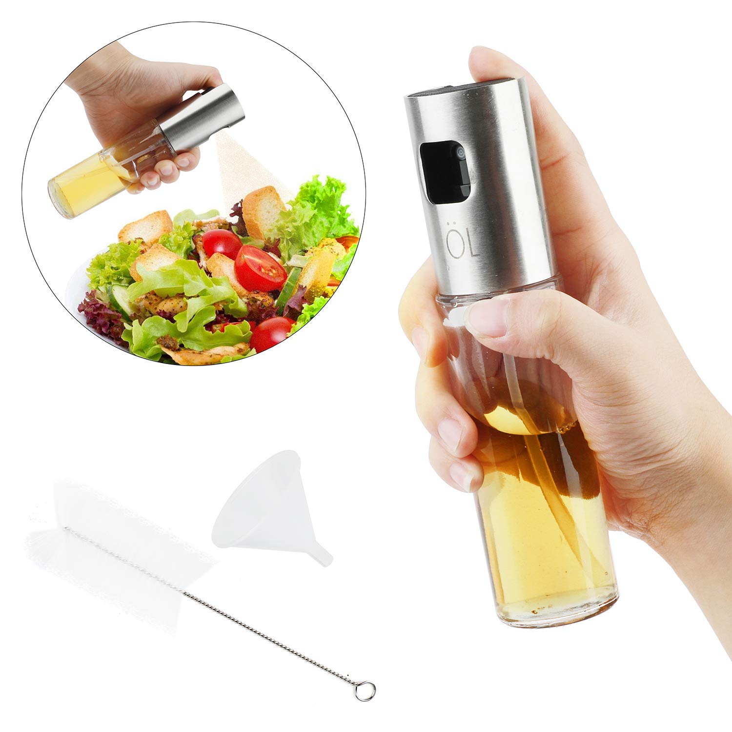 Oil Sprayer Dispenser Oil Spray Bottle Vinegar Sprayer/Dispenser with Plastic Funnel + Cleaning Brush Transparent Glass&Stainless Steel 100ml for BBQ,Frying,Baking,Salad