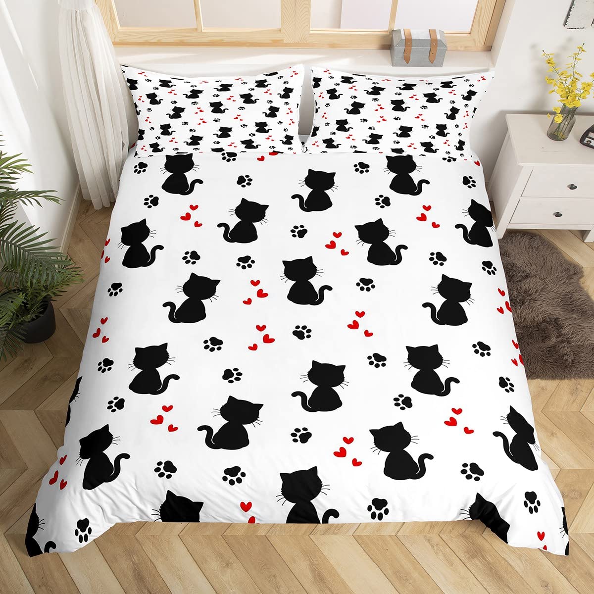 Homemissing Kids Cat Duvet Cover Set Cute Pet Cats Bedding Set for Children Boys Girls Cartoon Heart Paws Comforter Cover Cat Lover'S Animal Quilt Cover 3Pcs Bedding Double
