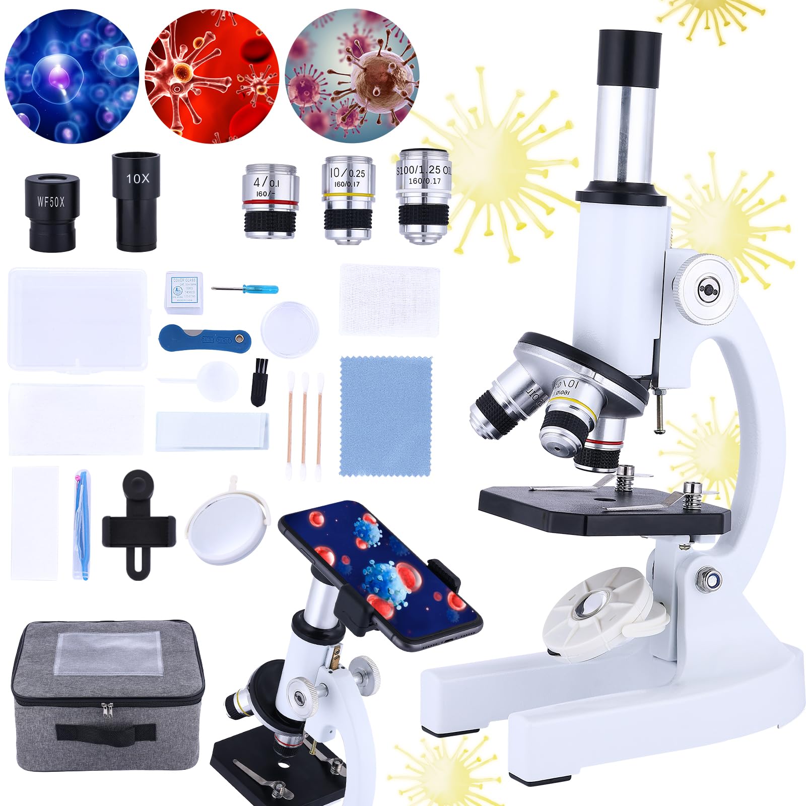 Microscope for Kids，40X-2000X Compound Microscope Mobile Phone Adapter with Microscope Slide Microscope kit for Home School Laboratories for Children Students
