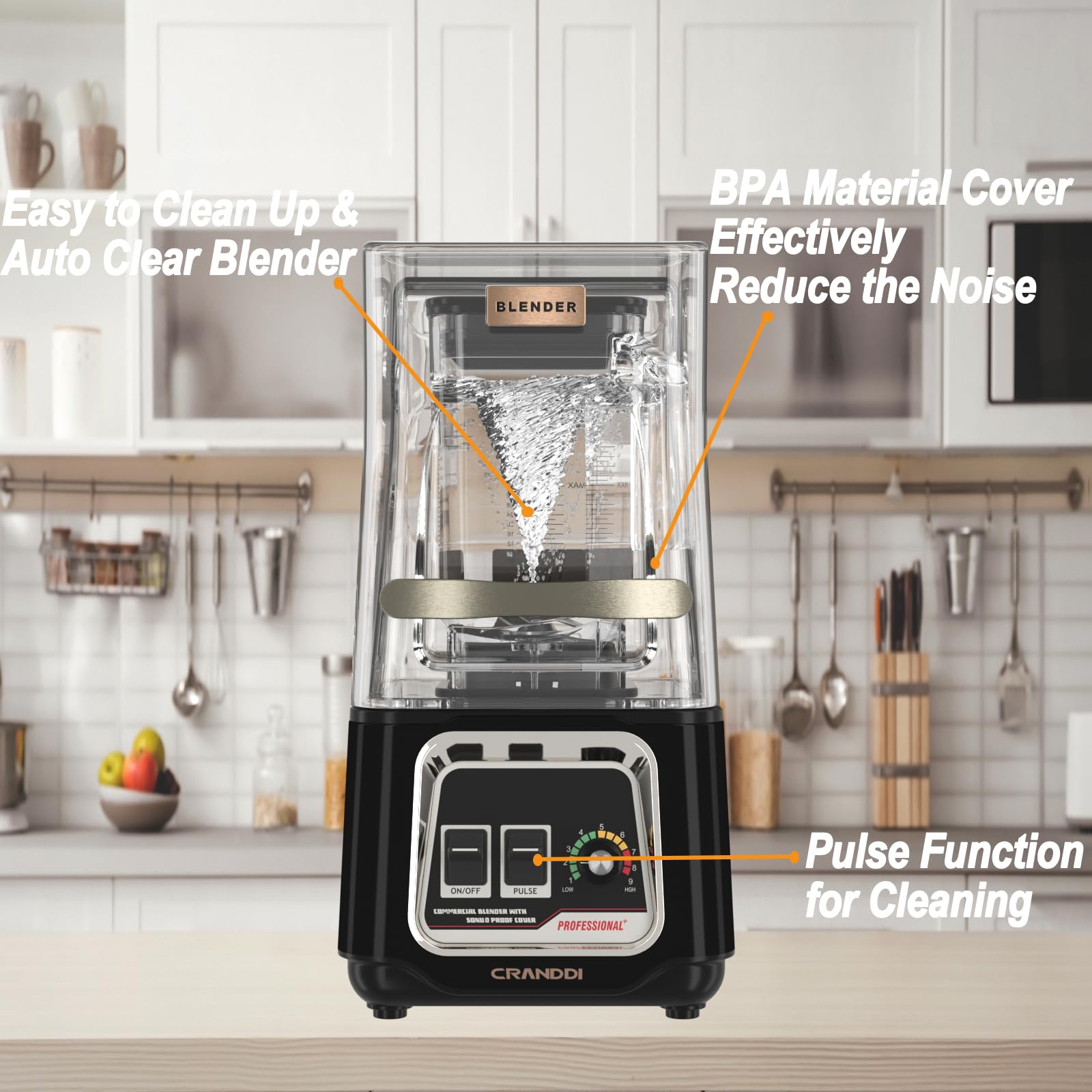 CRANDDI Commercial Smoothie Blender, Professional Countertop Blender with Removable Shield, 2200W Strong Motor, 52oz BPA-free Jar for Shakes and Smoothies, Self-Cleaning K80 (Black)